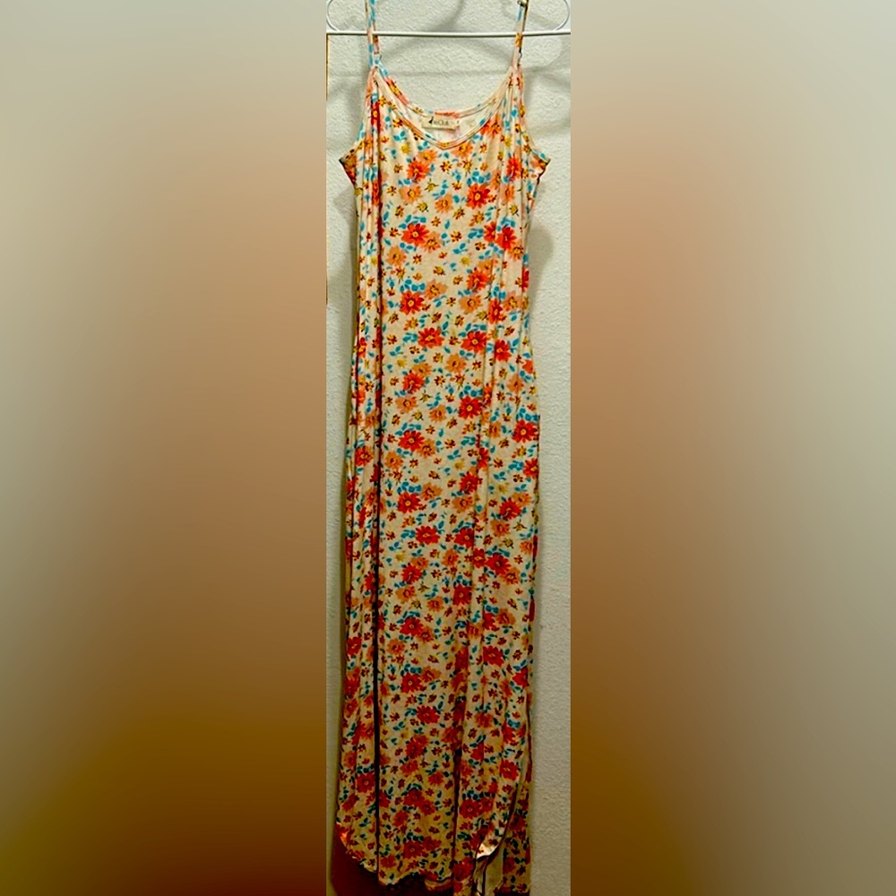Live Cloth Coral & Turquoise Floral Maxi Dress with Pockets & Side Slits- Size S
